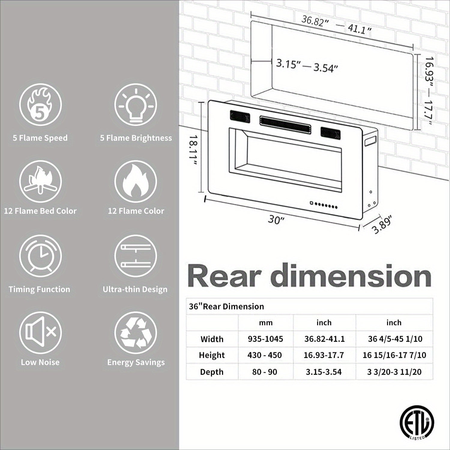 Xbeauty 30"/ 36"/ 42"/ 50"/ 60"/ 68" Electric Fireplace in-Wall Recessed and Wall Mounted, 1500W Fireplace Heater with Timer, Adjustable 12-Color Flame Brightness & Speed, Touch Screen Control, Remote Control, for Christmas,