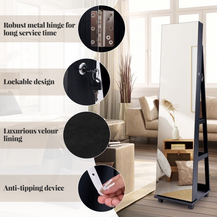 64 Inches Lockable Jewelry Cabinet Armoire with Built-in Makeup Mirror-Black