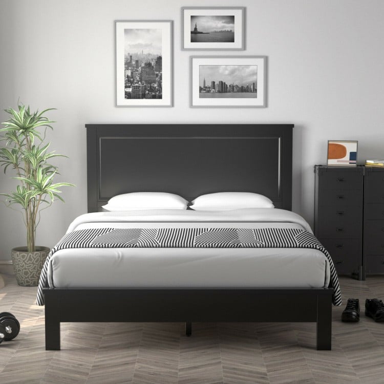 Queen Size Bed Frame Platform Slat High Headboard Bedroom with Rubber Wood Leg-Black