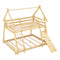 Twin Over Queen Bunk Bed Wooden Kids Bed with Climbing Nets and Ramp-Natural