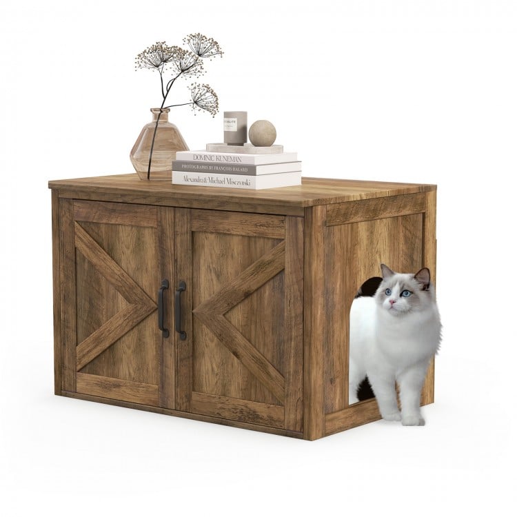 Flip Top Hidden Cat Washroom Furniture with Double Barn Doors  Removable Divider and Middle Entry