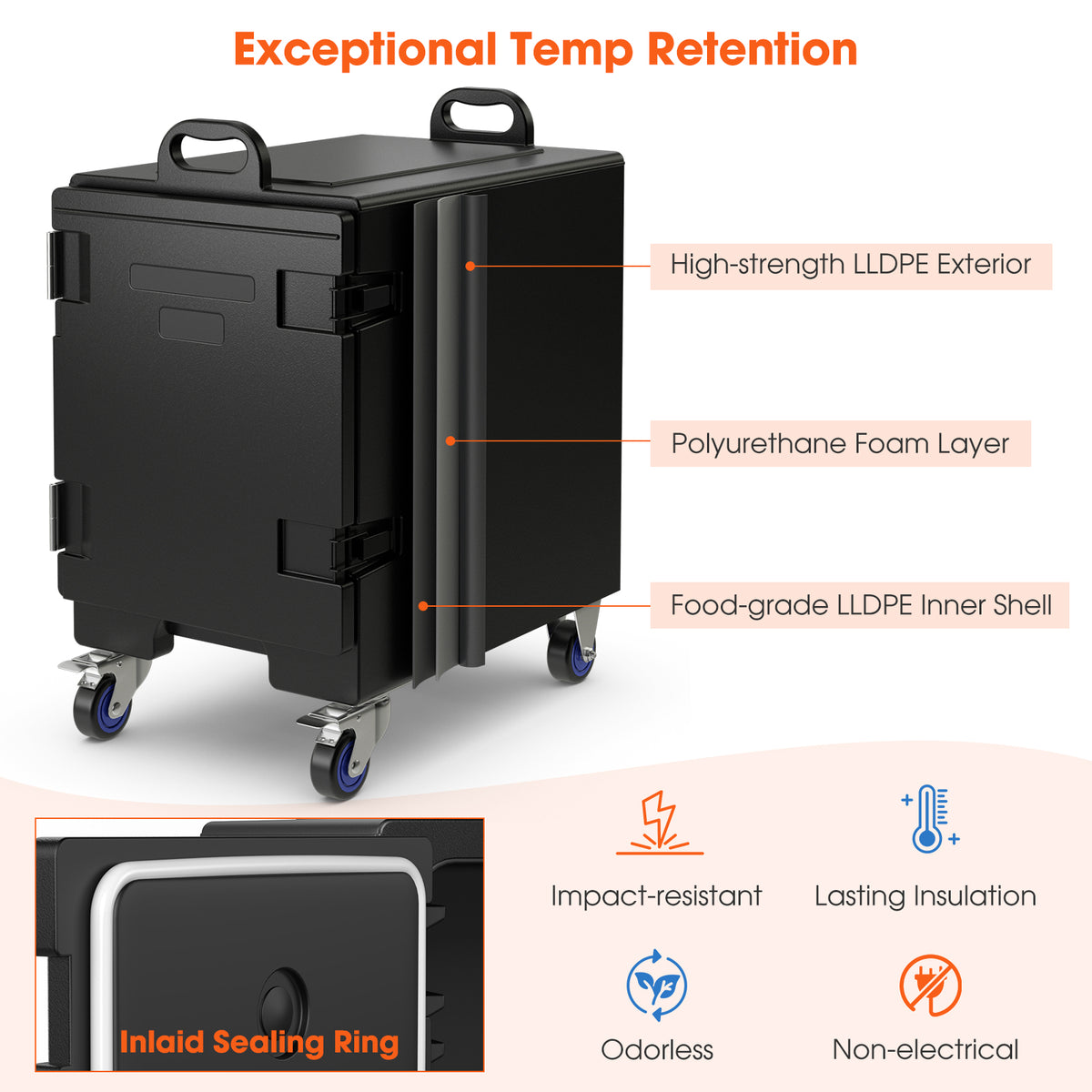 81 Qt Insulated Food Pan Carrier with Wheels, Commercial Hot & Cold Food Transport Box