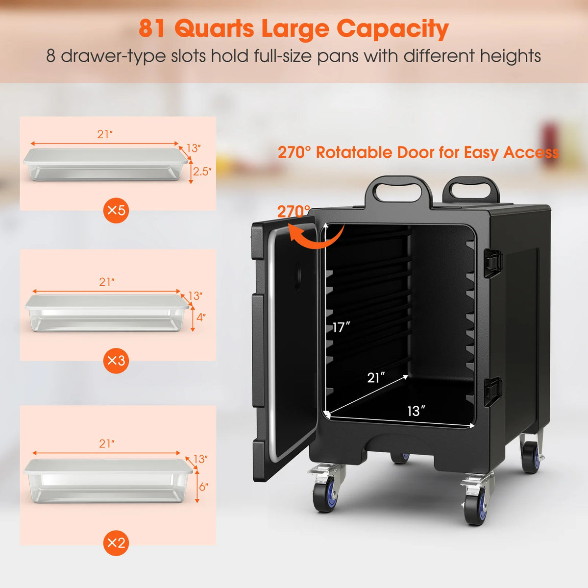 81 Qt Insulated Food Pan Carrier with Wheels, Commercial Hot & Cold Food Transport Box