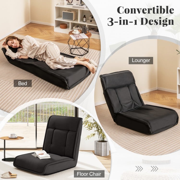 Folding Floor Chair Convertible Lazy Chair with 14-Poistion Adjustable Backrest-Black