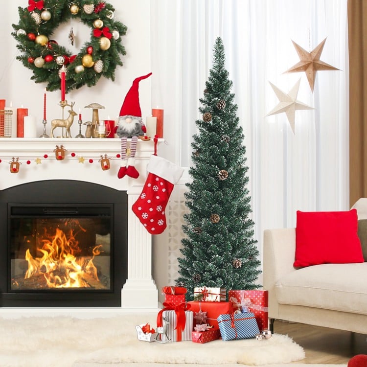 Snowy Artificial Pencil Christmas Tree with Pine Cones-5 ft
