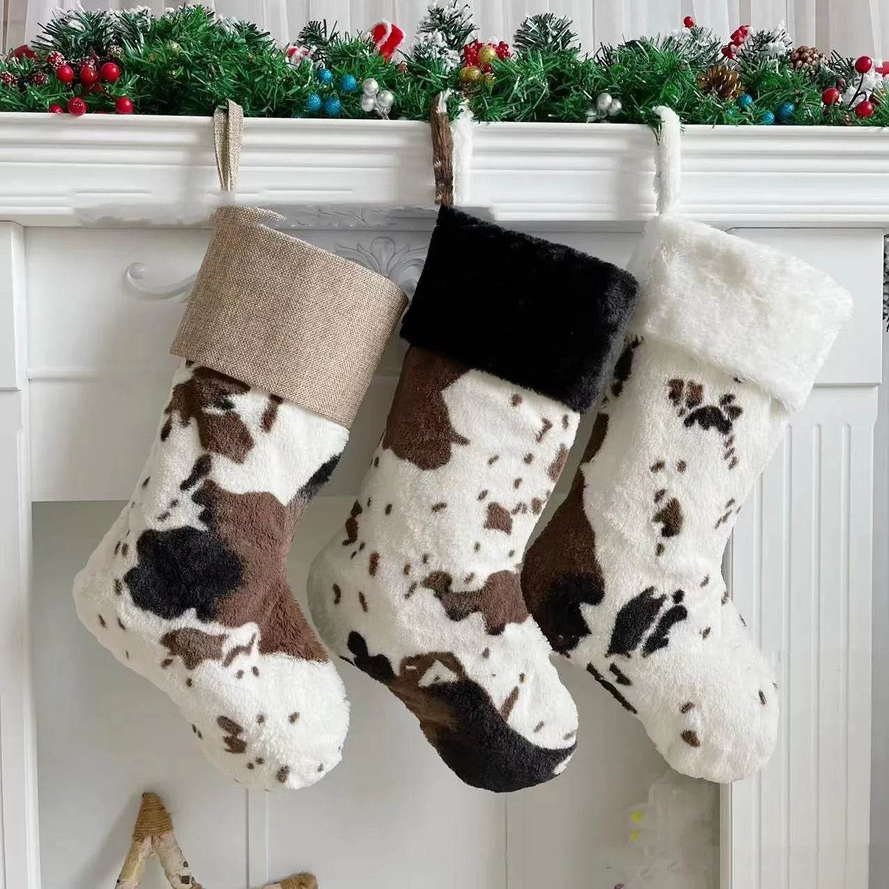20-inch Plush Christmas Stockings Cows Pattern Gift Bag 