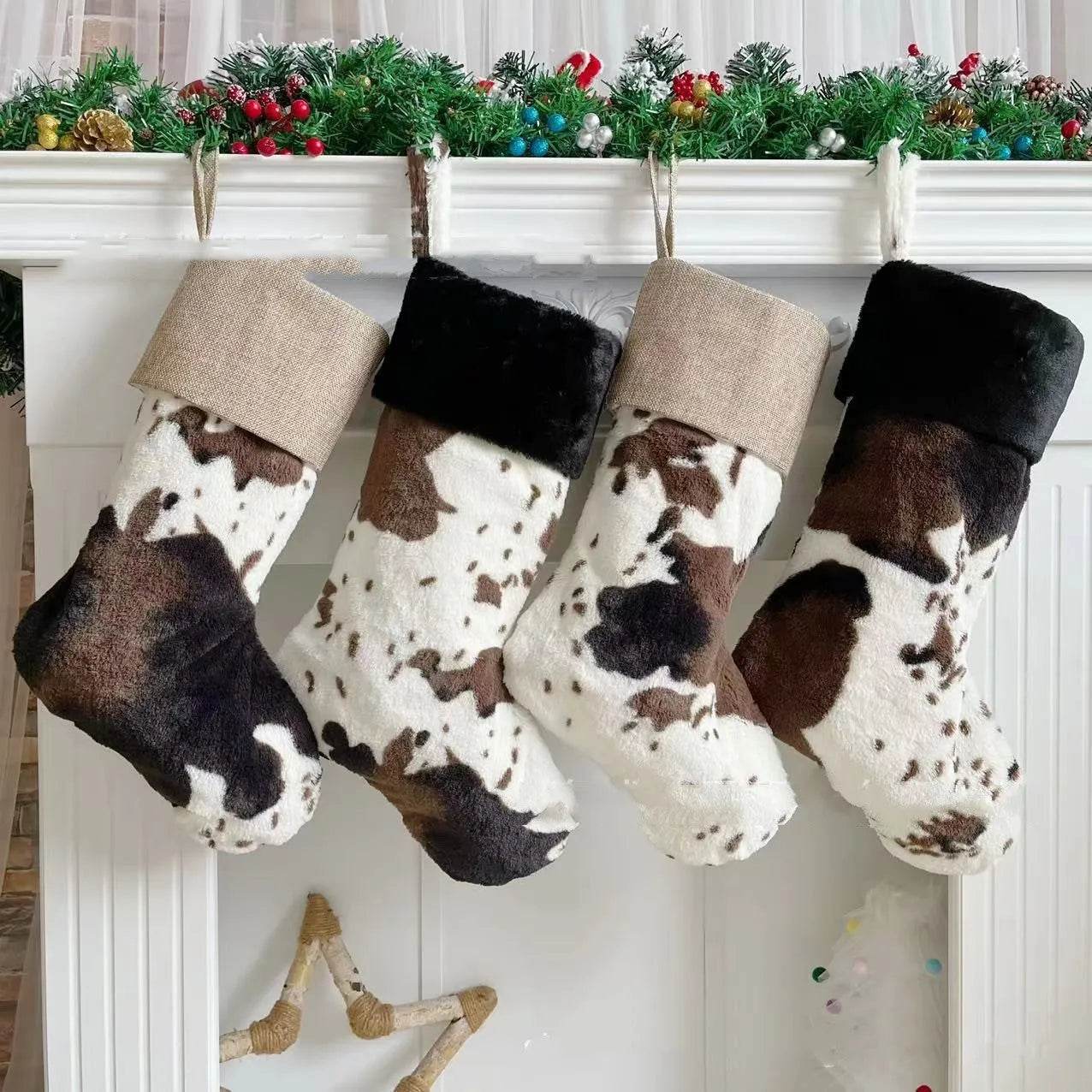 20-inch Plush Christmas Stockings Cows Pattern Gift Bag 