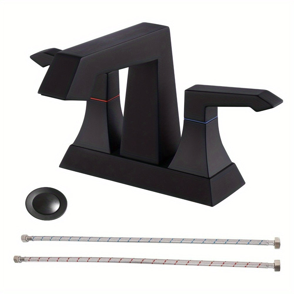 Modern Matte Black 2-Handle Bathroom Faucet with Drain and Supply Kit - Heavy Duty, Deck Mounted Lavatory Faucet 