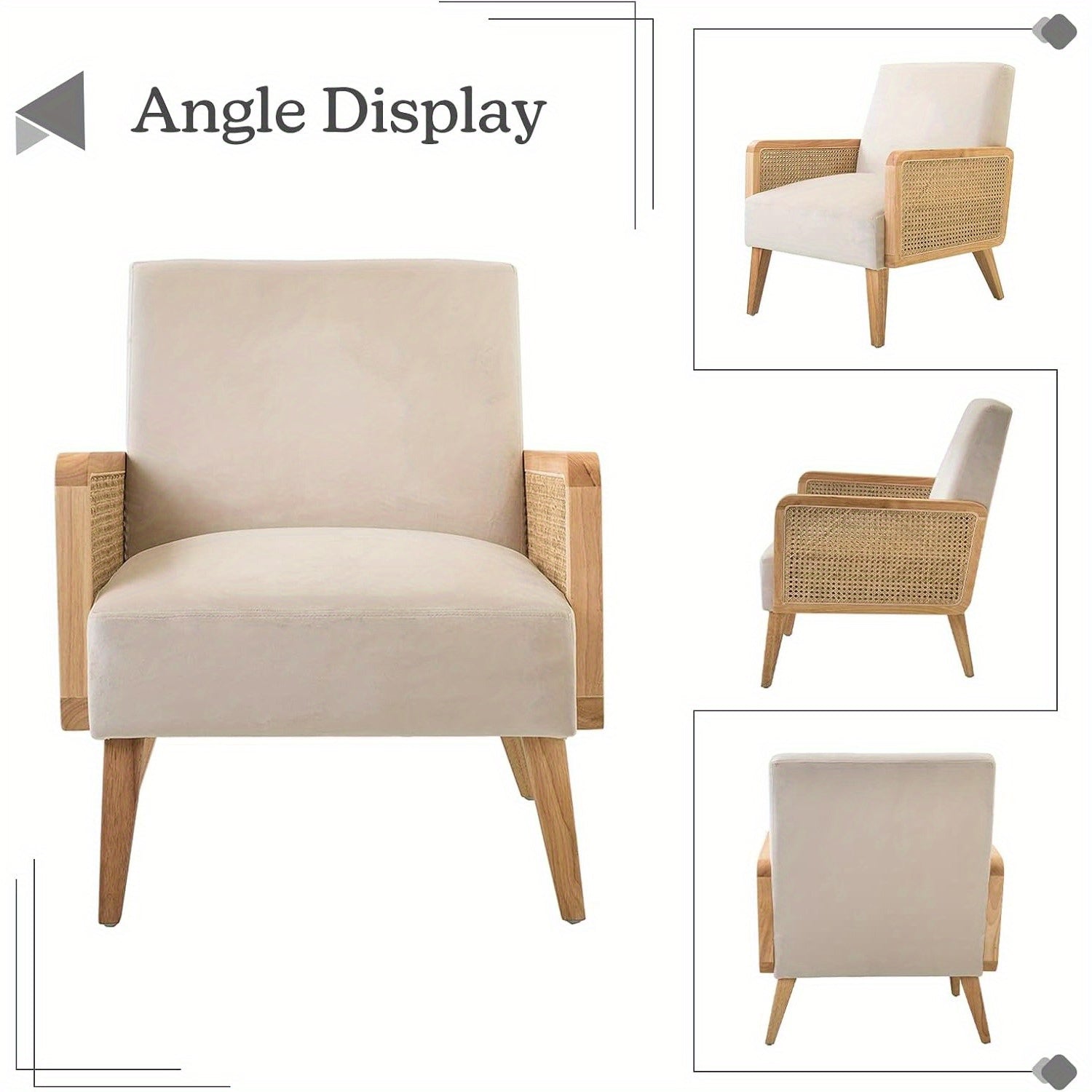 Beige Mid-Century Modern Accent Chair with Rattan Armrests & Wood Legs – Ergonomic Upholstered Lounge Chair for Living Room, Bedroom, or Hosting Spaces, Lightweight & Comfortable Design, Chair Furniture 