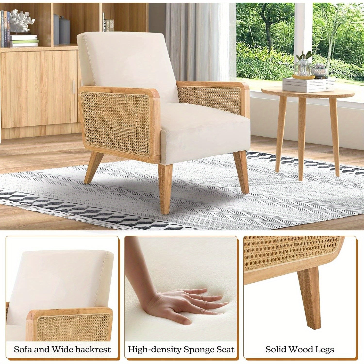 Beige Mid-Century Modern Accent Chair with Rattan Armrests & Wood Legs 