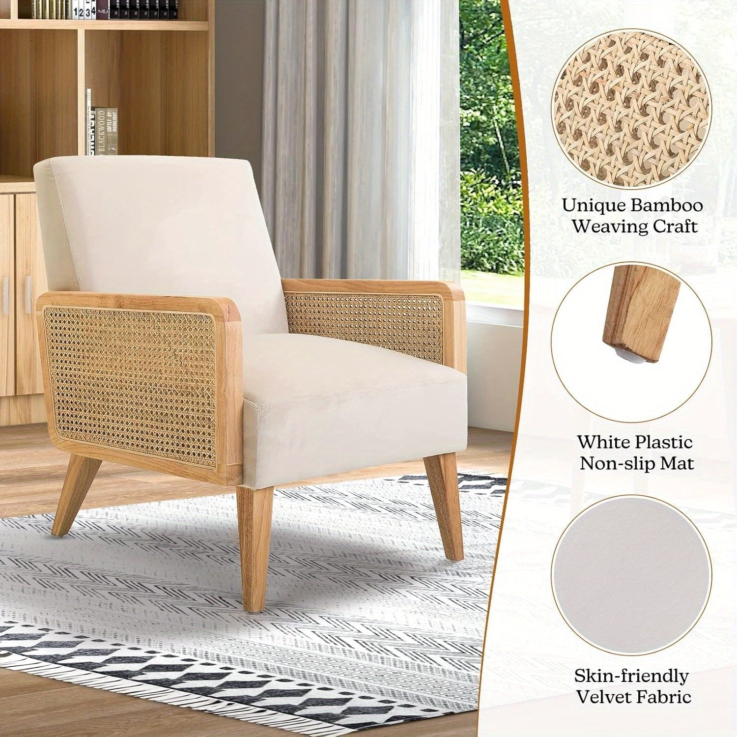 Beige Mid-Century Modern Accent Chair with Rattan Armrests & Wood Legs – Ergonomic Upholstered Lounge Chair for Living Room, Bedroom, or Hosting Spaces, Lightweight & Comfortable Design, Chair Furniture 