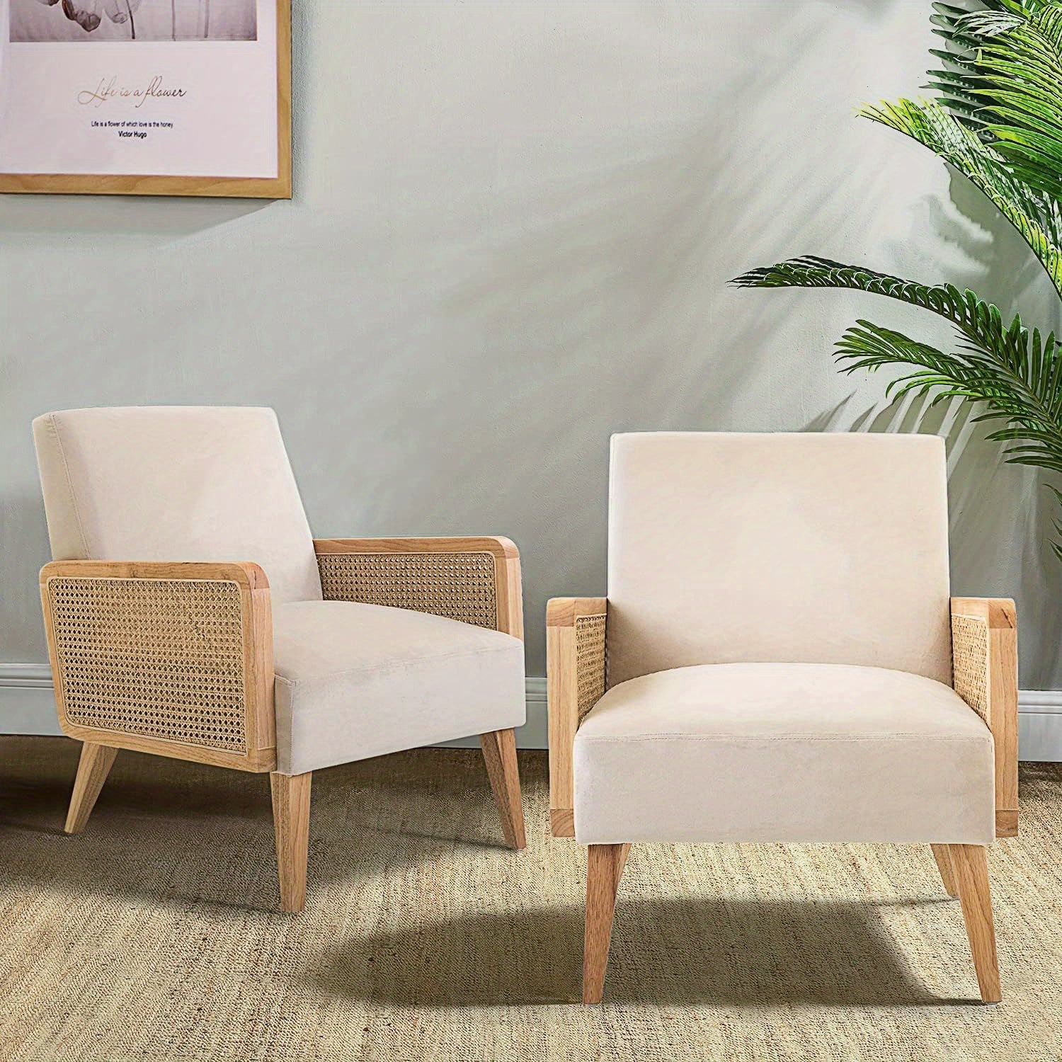 Beige Mid-Century Modern Accent Chair with Rattan Armrests & Wood Legs – Ergonomic Upholstered Lounge Chair for Living Room, Bedroom, or Hosting Spaces, Lightweight & Comfortable Design, Chair Furniture 