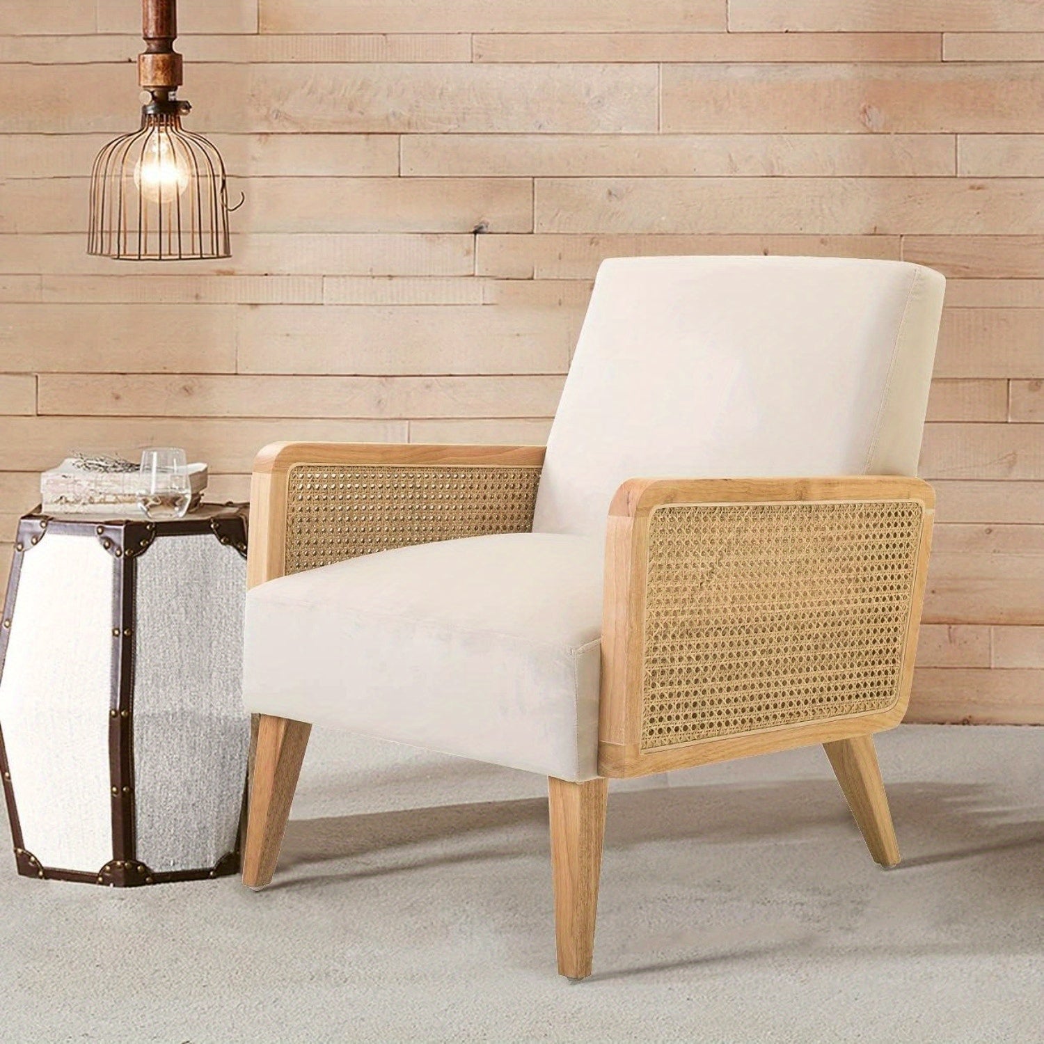 Beige Mid-Century Modern Accent Chair with Rattan Armrests & Wood Legs – Ergonomic Upholstered Lounge Chair for Living Room, Bedroom, or Hosting Spaces, Lightweight & Comfortable Design, Chair Furniture 