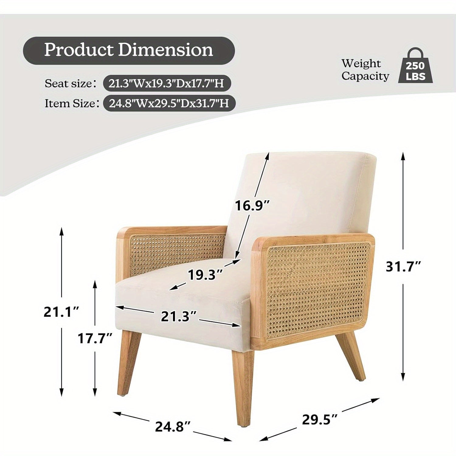 Beige Mid-Century Modern Accent Chair with Rattan Armrests & Wood Legs – Ergonomic Upholstered Lounge Chair for Living Room, Bedroom, or Hosting Spaces, Lightweight & Comfortable Design, Chair Furniture 