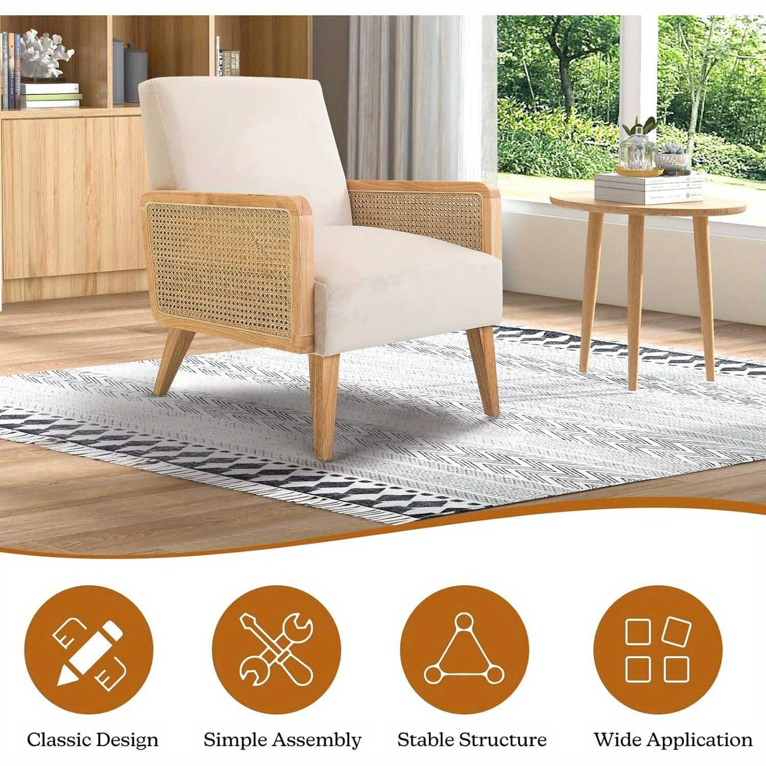 Beige Mid-Century Modern Accent Chair with Rattan Armrests & Wood Legs – Ergonomic Upholstered Lounge Chair for Living Room, Bedroom, or Hosting Spaces, Lightweight & Comfortable Design, Chair Furniture 