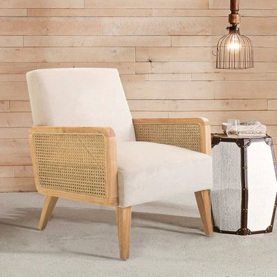 Beige Mid-Century Modern Accent Chair with Rattan Armrests & Wood Legs – Ergonomic Upholstered Lounge Chair for Living Room, Bedroom, or Hosting Spaces, Lightweight & Comfortable Design, Chair Furniture 
