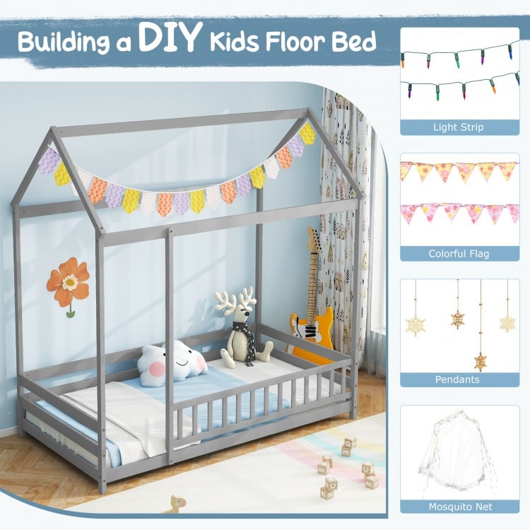 Twin Size Kids House Bed Wooden Floor Bed with Roof and Full-length Safety Guardrail-Gray