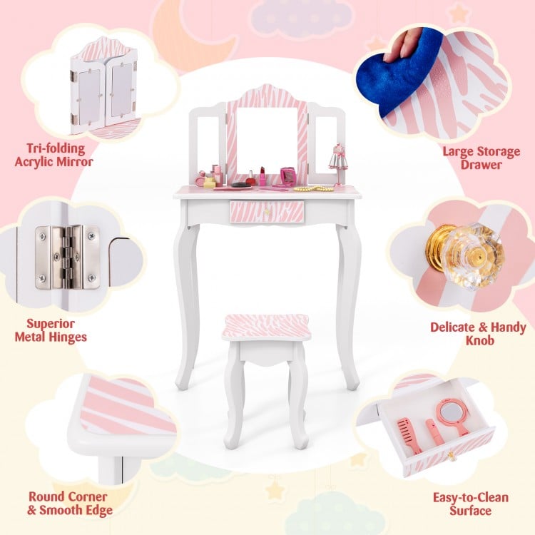 Kids Vanity Set with Drawer and 3 Makeup Accessories-Pink