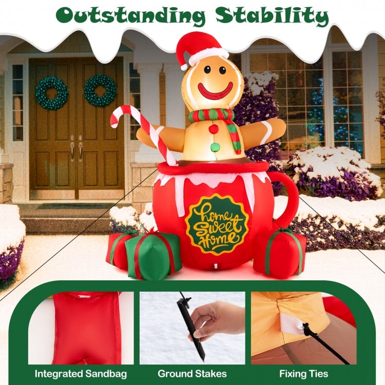 7 Feet Inflatable Gingerbread Man in Hot Cocoa Mug with Built-in LED Lights and Gift Boxes