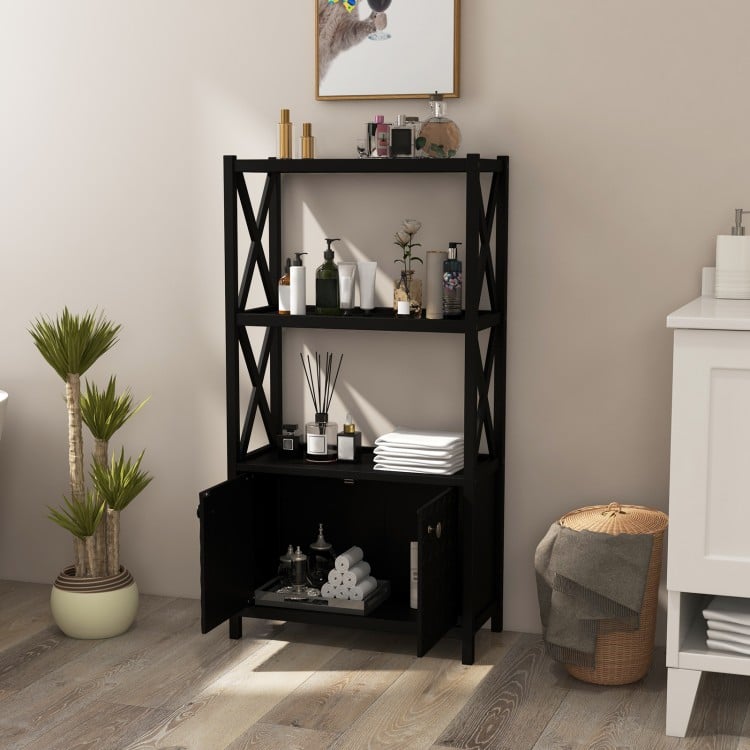 Bathroom Storage Cabinet with Open Shelves and Double Doors-Black