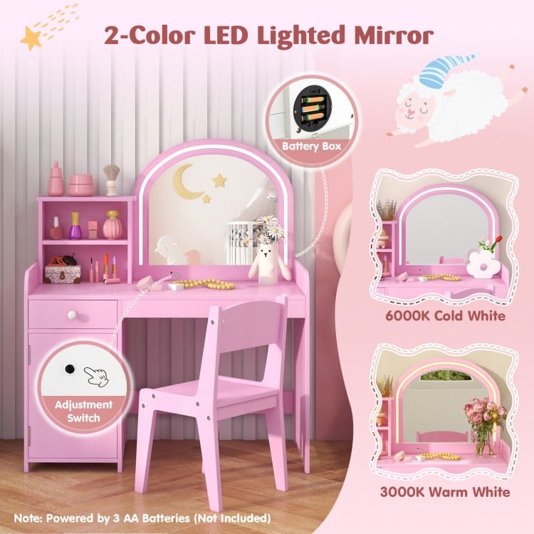 Kids Vanity Table and Chair Set with Shelves Drawer and Cabinet-Pink