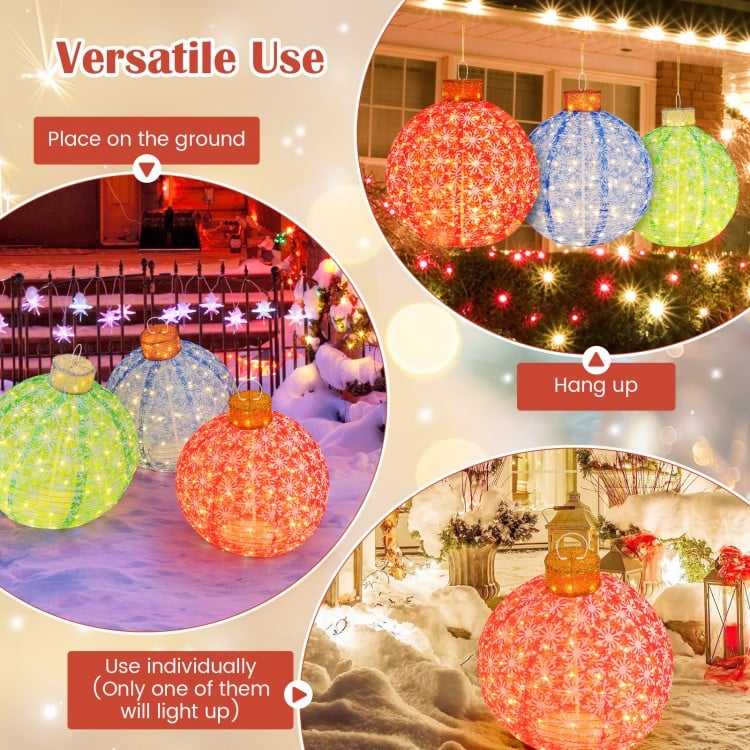 3-Piece Pre-Lit Pop up Christmas Ball Set with Warm White LED Lights