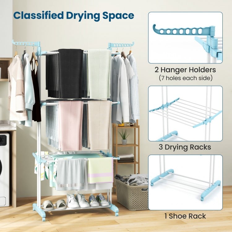 4-tier Clothes Drying Rack with Rotatable Side Wings and Collapsible Shelves-Blue