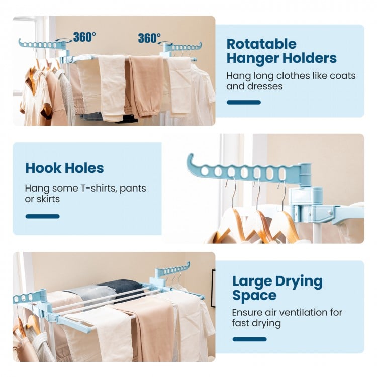 4-tier Clothes Drying Rack with Rotatable Side Wings and Collapsible Shelves-Blue