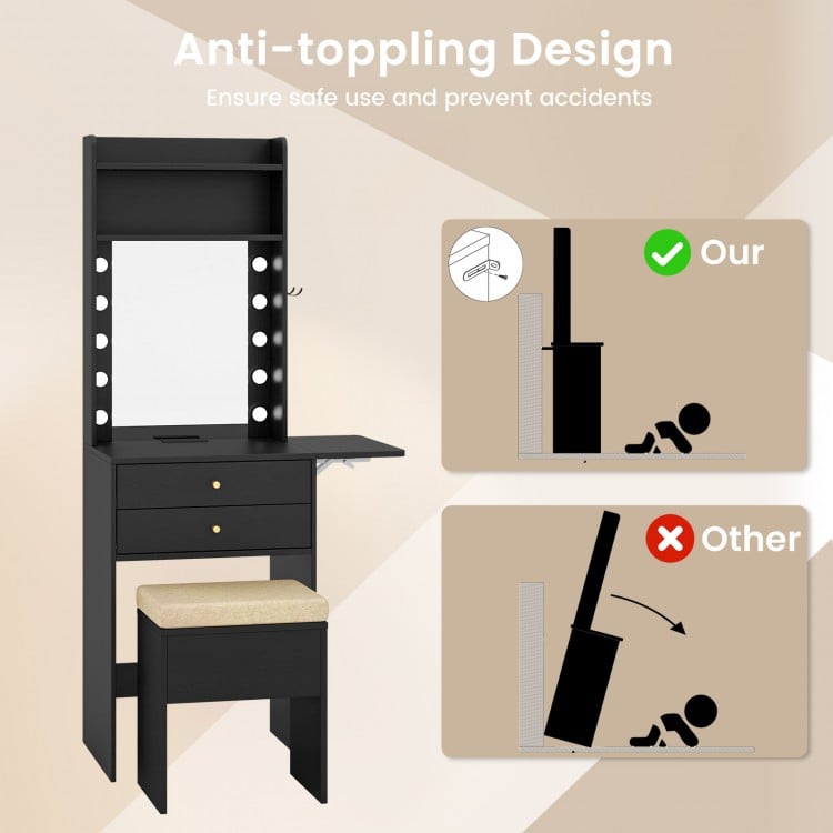 Compact Vanity Desk Set with 3-Color Lighted Mirror and Power Outlets-Black