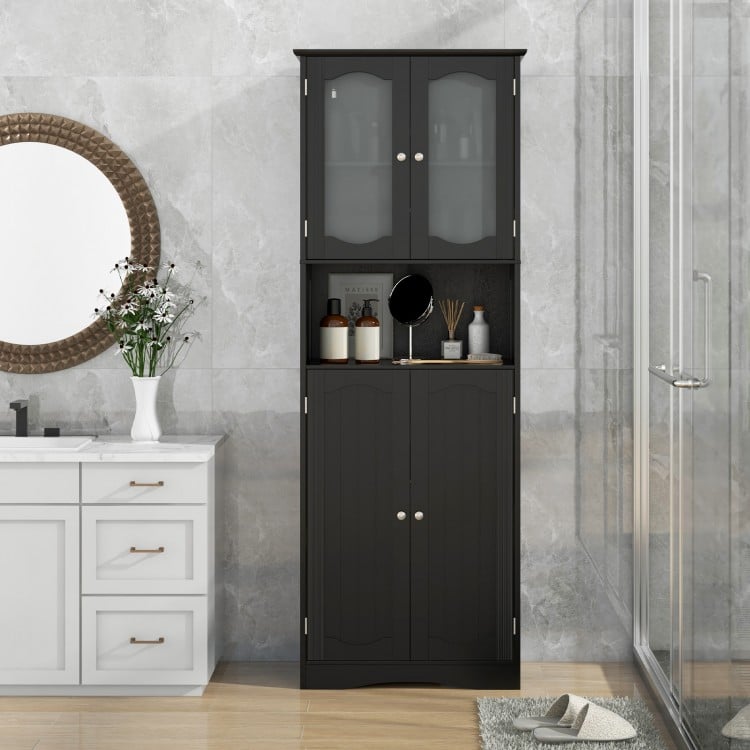 64.5 Inches Tall Bathroom Storage Cabinet with Frost Glass Doors and Shelves-Black