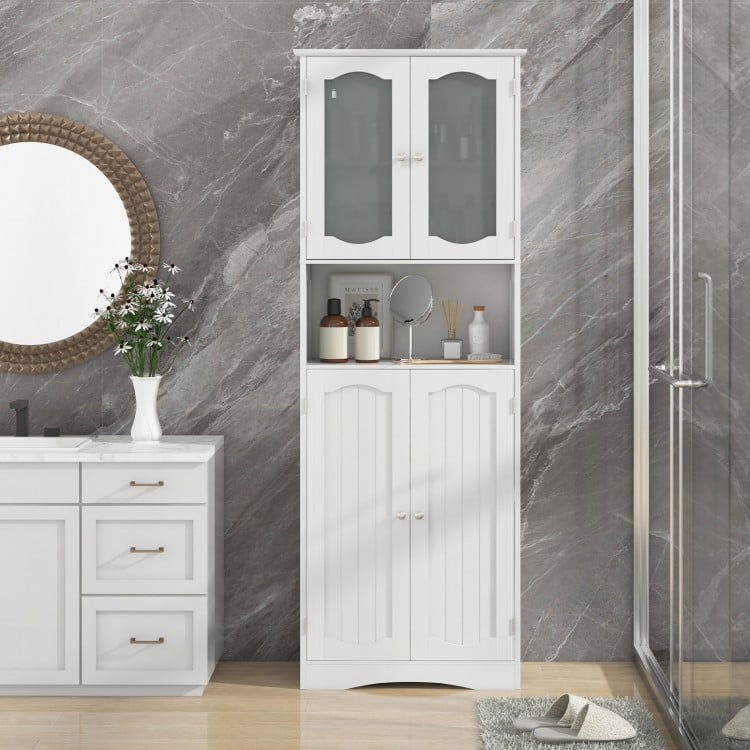 64.5 Inches Tall Bathroom Storage Cabinet with Frost Glass Doors and Shelves-White