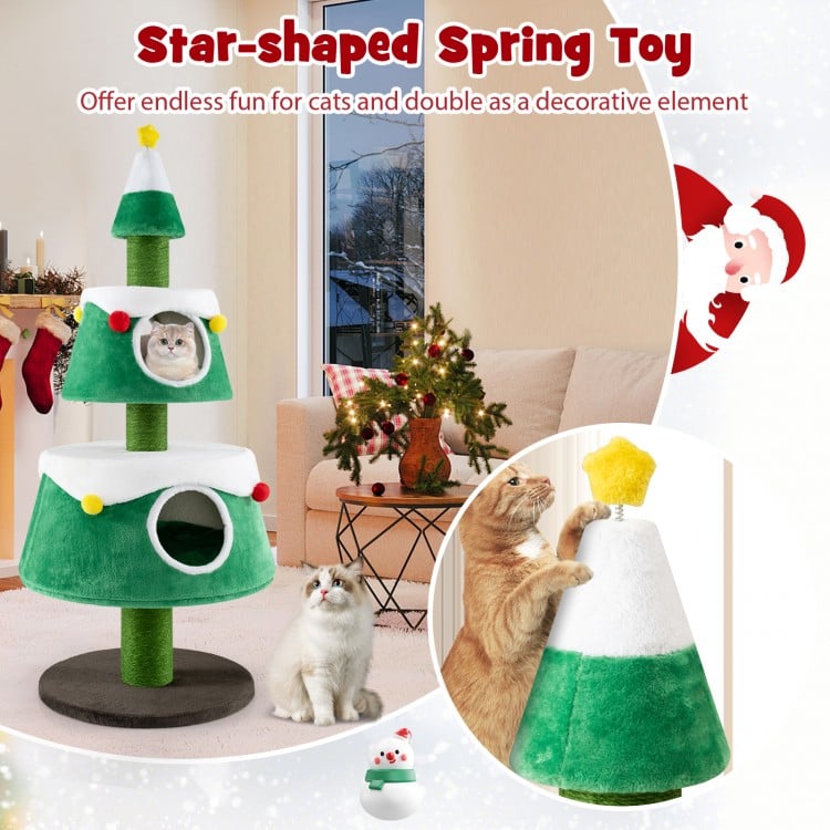 Christmas Cat Tree for Indoor Cats Cute Holiday Cat Tower with 2 Condos-Green