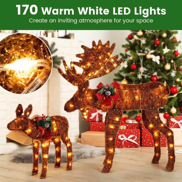 2 Pieces Lighted Moose Family with 170 LED Lights and Zip Ties