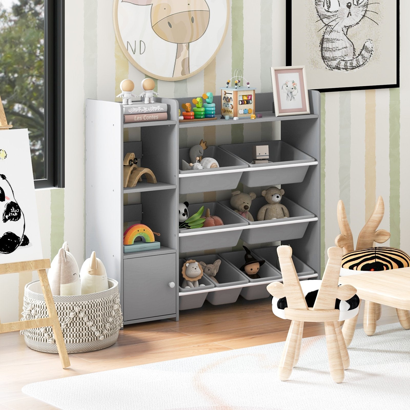 4-Tier Kids Bookshelf and Toy Storage Rack with 8 Toy Organizer Bins-Grey 