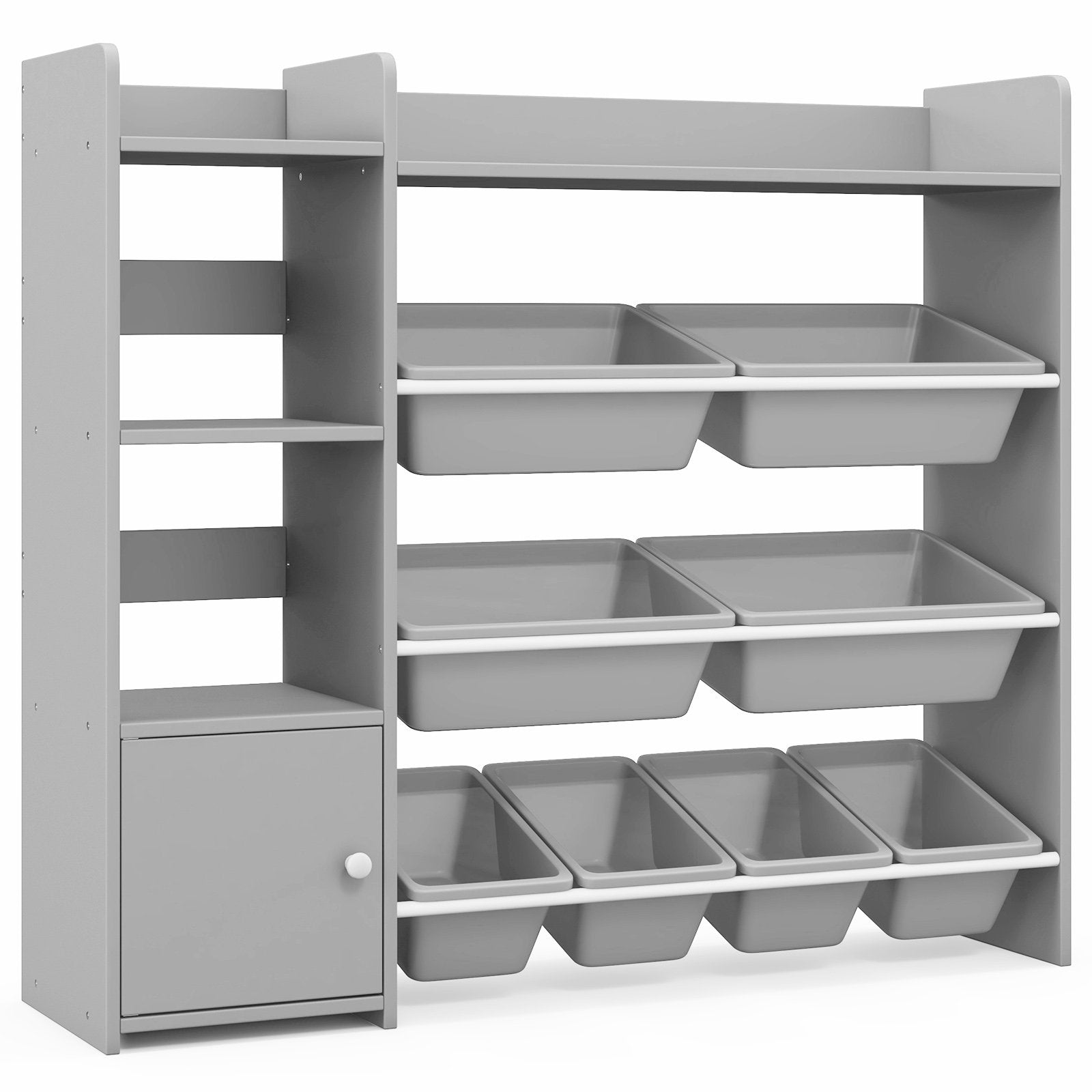 4-Tier Kids Bookshelf and Toy Storage Rack with 8 Toy Organizer Bins-Grey 