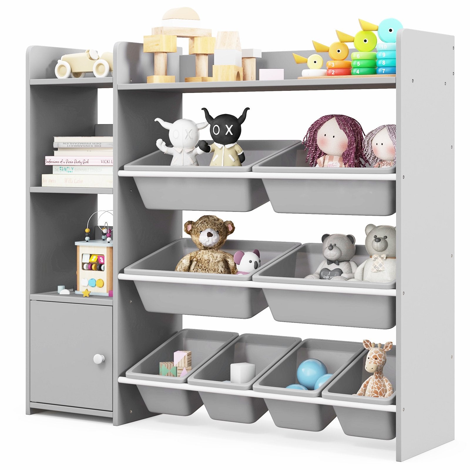4-Tier Kids Bookshelf and Toy Storage Rack with 8 Toy Organizer Bins-Grey 