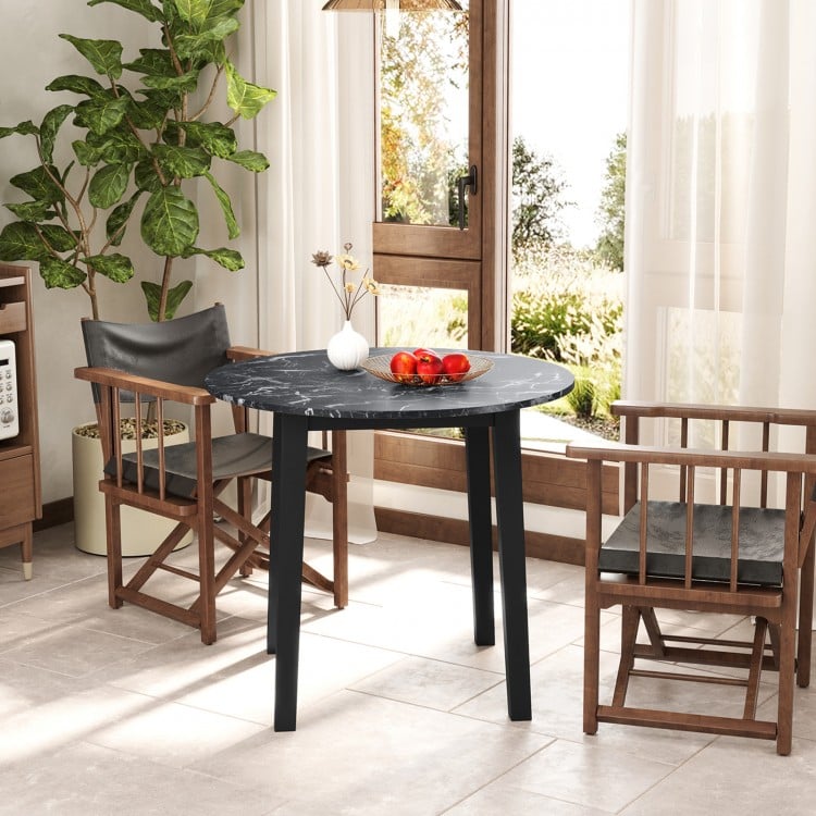 35 Inch Round Dining Table with Rubber Wood Legs and Marble-textured Veneer Tabletop-Black
