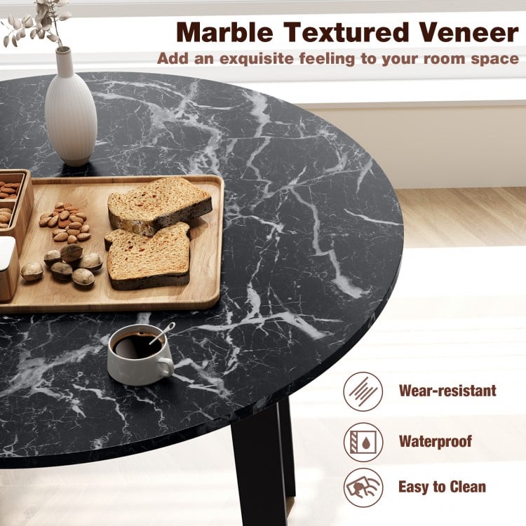 35 Inch Round Dining Table with Rubber Wood Legs and Marble-textured Veneer Tabletop-Black