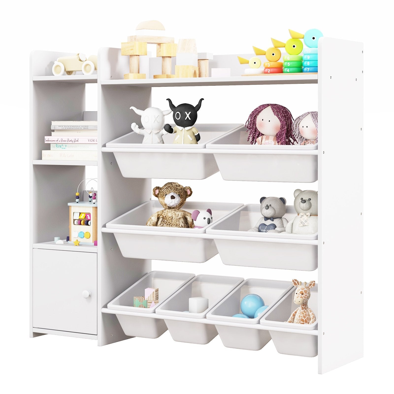 4-Tier Kids Bookshelf and Toy Storage Rack with 8 Toy Organizer Bins-Grey 