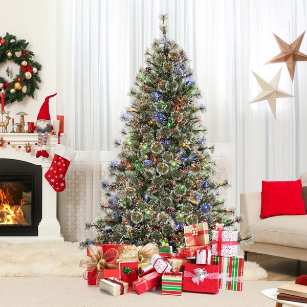 6 FT Artificial Christmas Tree Pre-Lit Hinged Holiday Tree with 360° Quick Power Connector