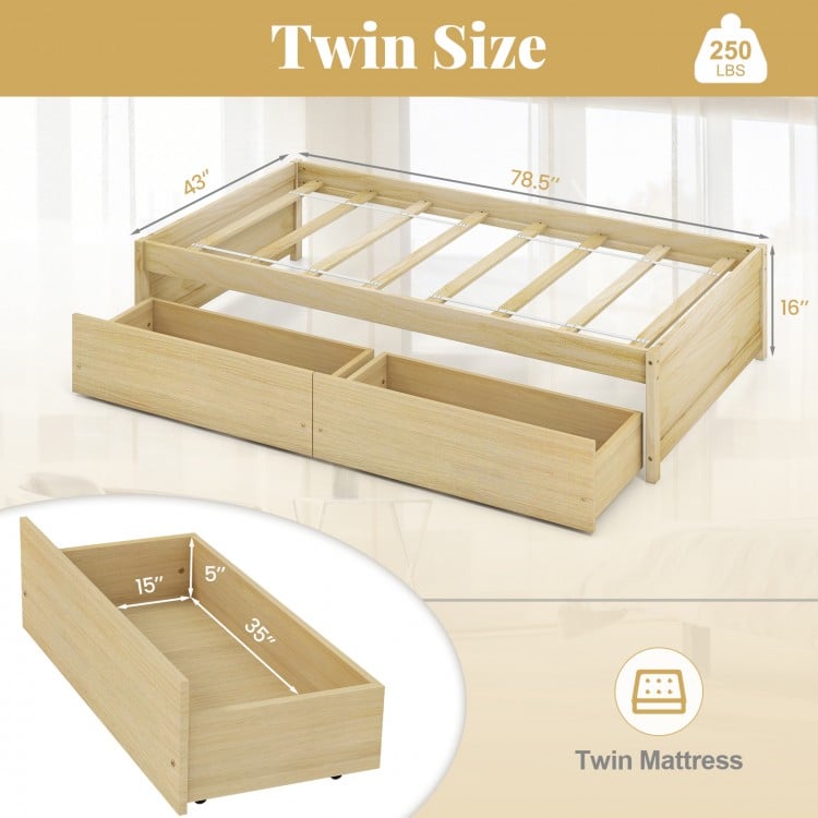 Twin Size Captain Bed with 2 Drawers and Slats Support-Natural