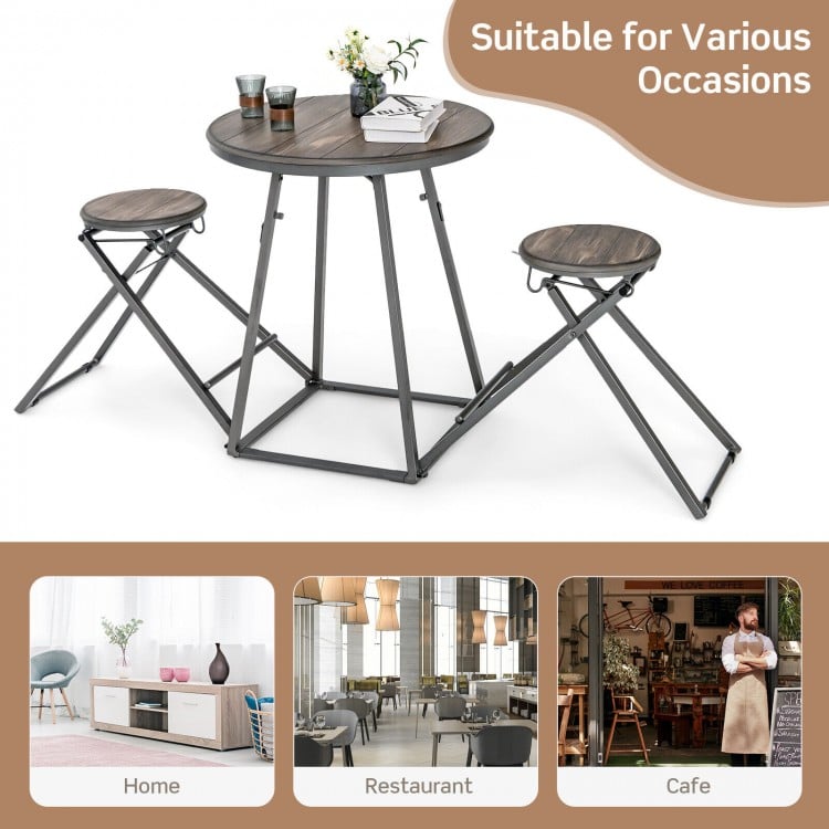 3 Pieces Dining Table Set with 2 Foldable Stools for Small Space-Gray