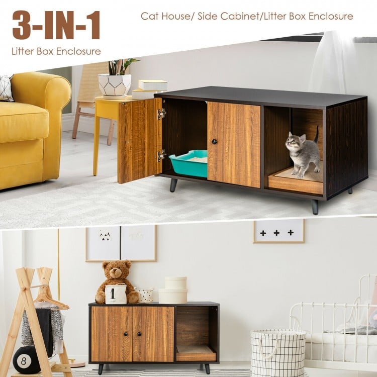 Cat Litter Box Enclosure with Divider and Double Doors-Brown