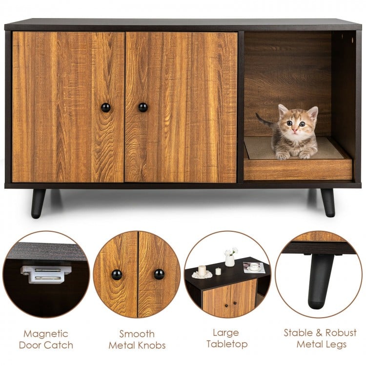 Cat Litter Box Enclosure with Divider and Double Doors-Brown