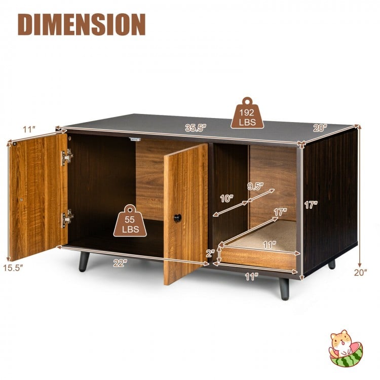 Cat Litter Box Enclosure with Divider and Double Doors-Brown
