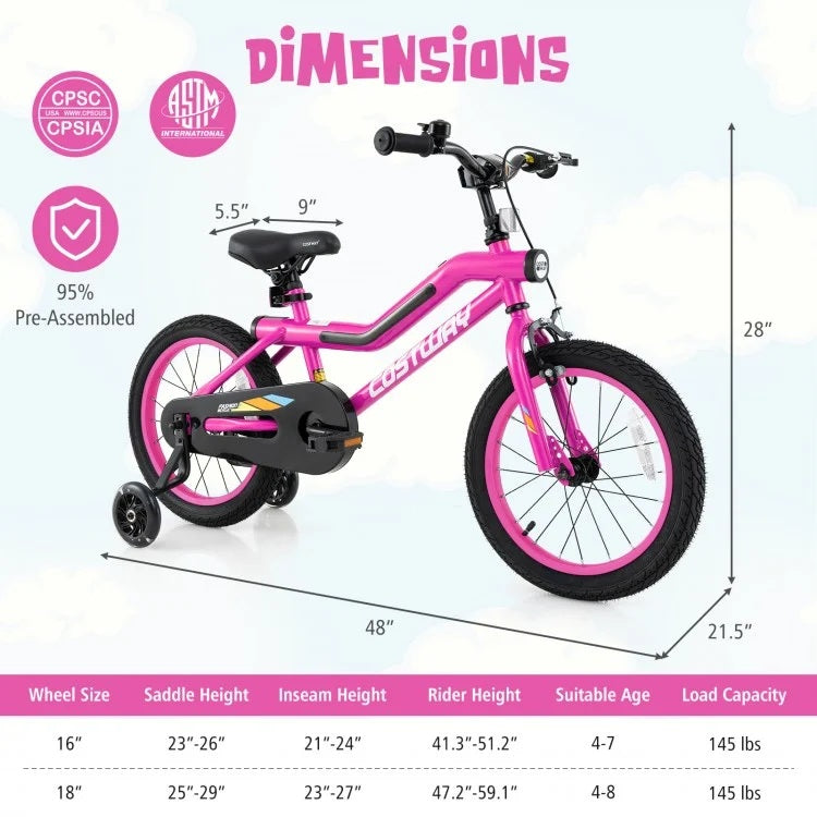 16/18 Inch Kids Bike with LED Lights Adjustable Carbon Steel Bicycle for 4-8 Years Old 