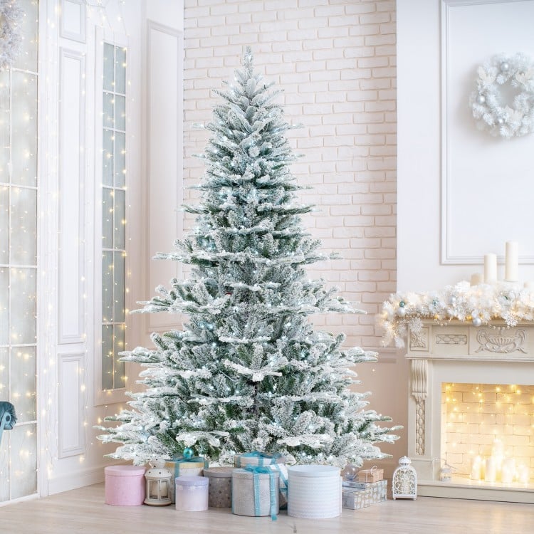 7 Feet Snow Flocked Artificial Christmas Tree with Cool White LED Lights