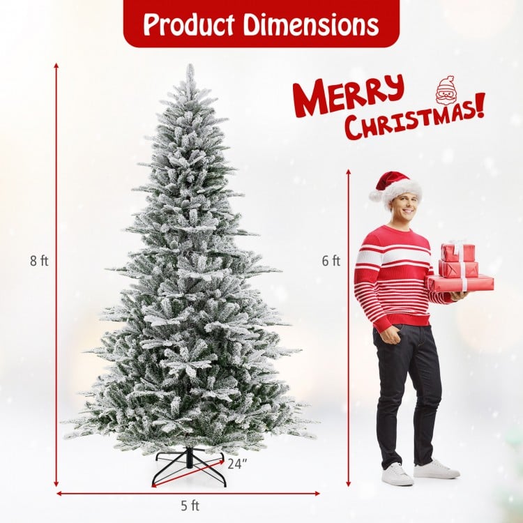 8 Feet Snow Flocked Artificial Christmas Tree with Cool White LED Lights