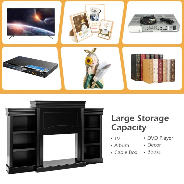 70 Inch Modern Fireplace Media Entertainment Center with Bookcase-Black