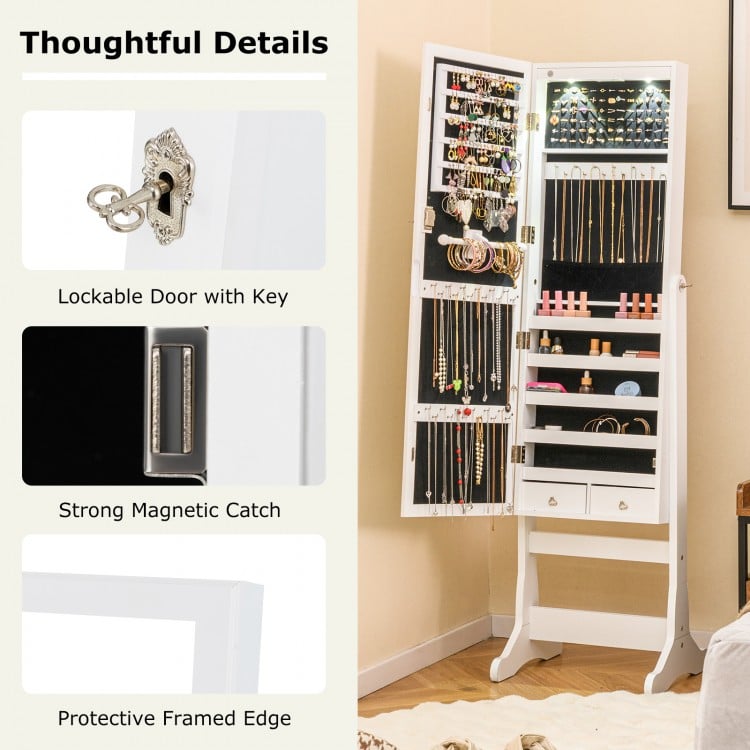 Lockable Freestanding Jewelry Cabinet Armoire with Full-Length Mirror and Lights-White